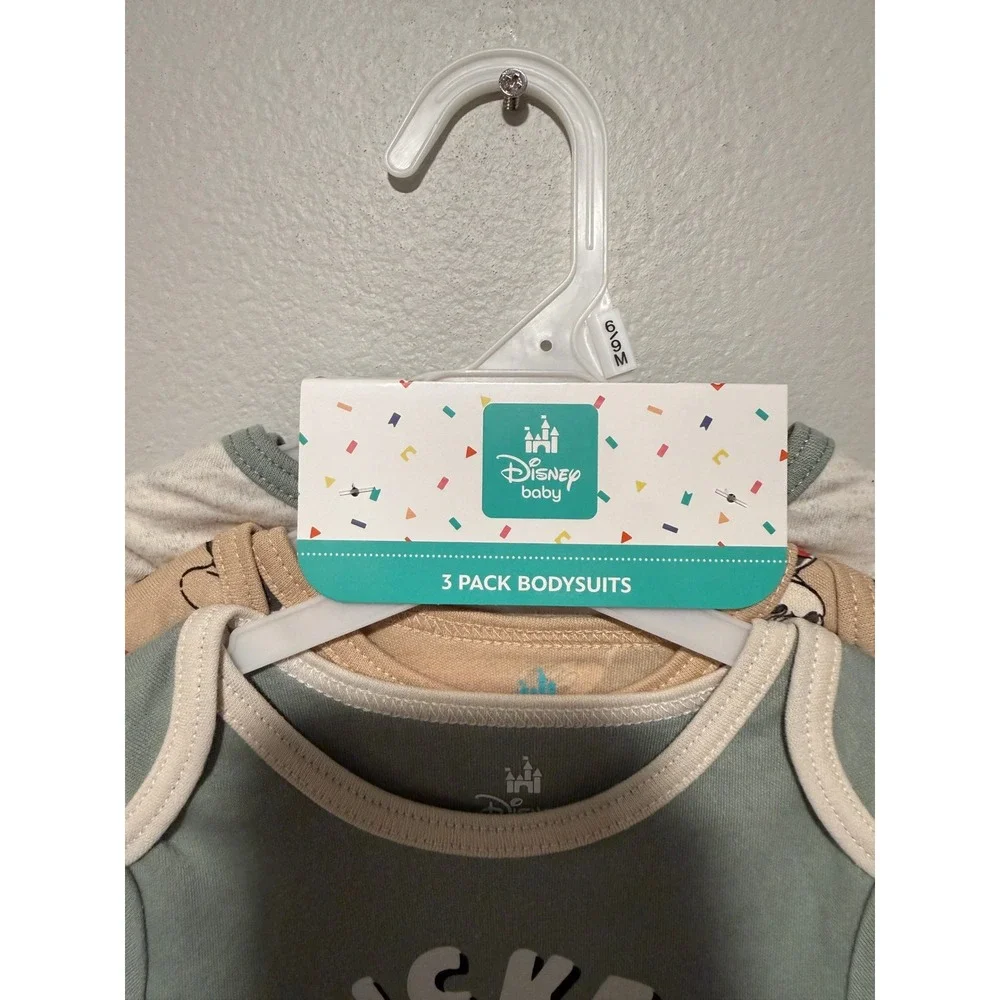 Disney Baby Mickey Mouse 3 Pack Bodysuits Sage Tan Grey 6-9 Months NEW